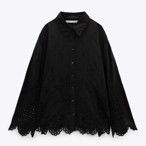 🪅 ZARA women long sleeve black loose embroidered and beads  eyelet blouse XL